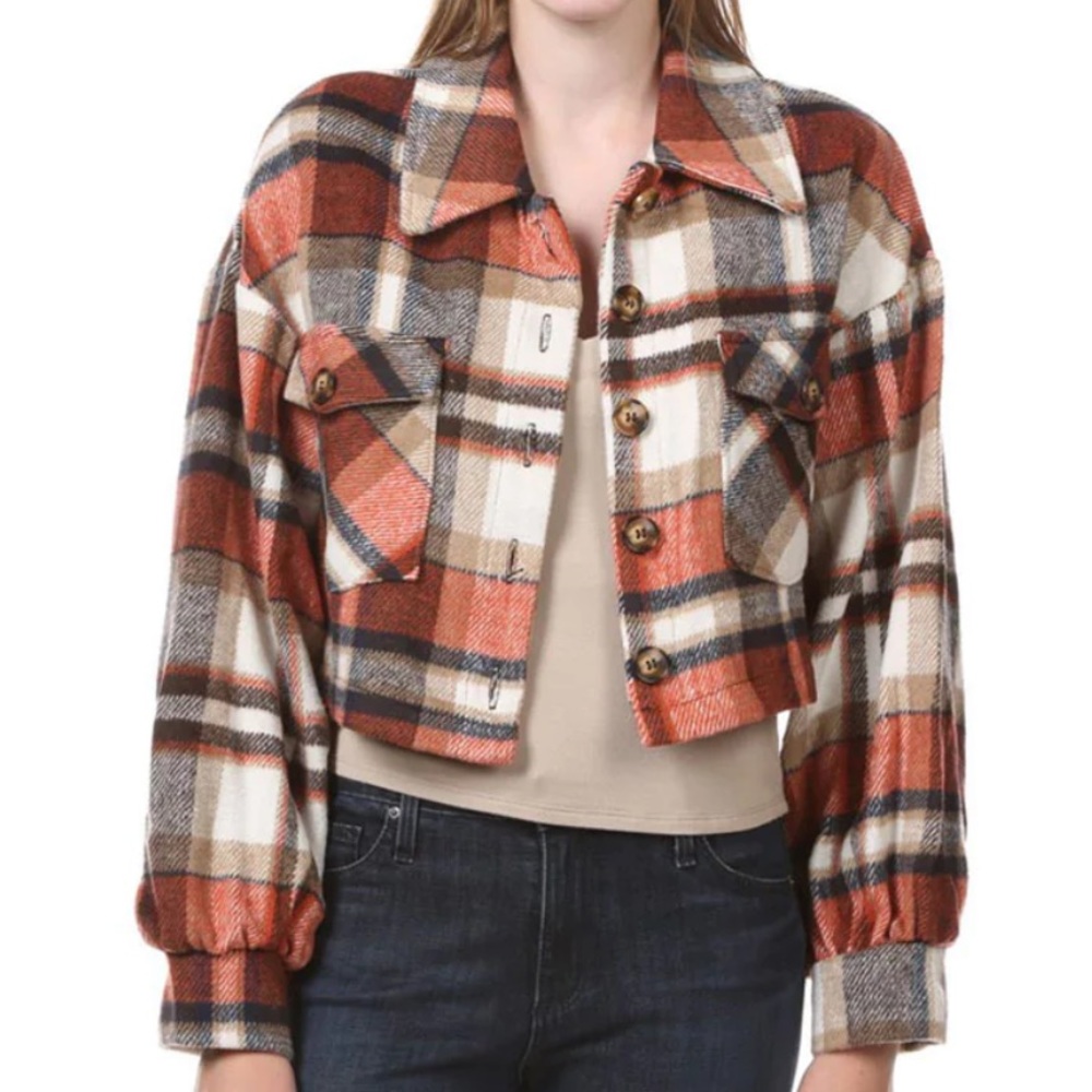 NWT Cropped Plaid Shacket (Rust/Multicolor) Juniors LARGE/Womenβs MED - Fall